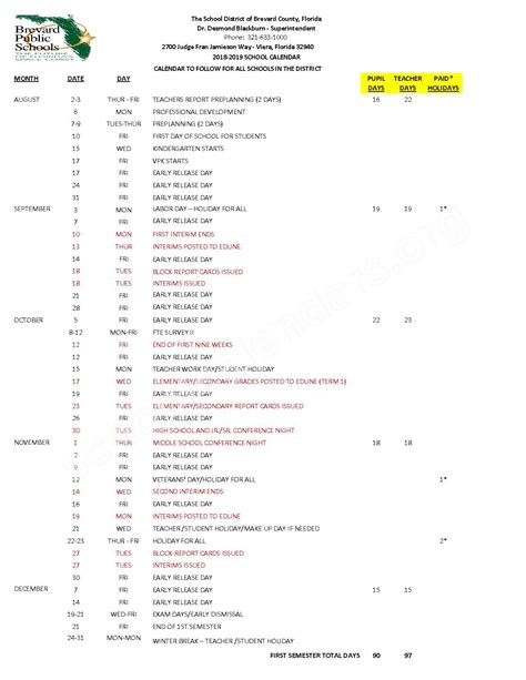 2018 - 2019 District Calendar | Brevard County Public Schools – Viera, FL