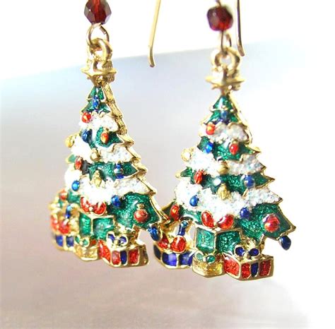 Christmas Tree Earrings 14K Gold Fill Red Green Earrings