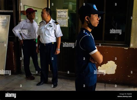 Security personnel at the Mandalay Railway Station, Mandalay, Myanmar ...