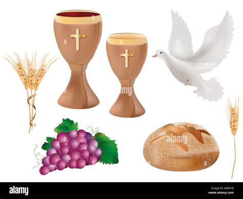 Isolated christian symbols: wood chalice with wine, dove, grapes, bread, ears of wheat ...