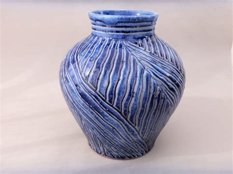 Ceramic Vase Blue Pottery Hand Carved Royal Blue Glazed
