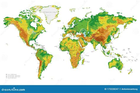 Physical World Map Vector Illustration with Cities, Countries and ...