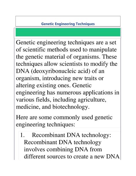 Genetic Engineering Techniques 1-6 - Genetic Engineering Techniques Genetic engineering ...