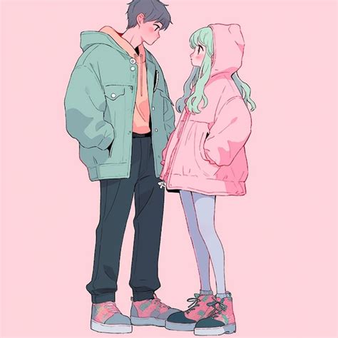 Premium AI Image | anime couple in pink and blue jacket standing next ...