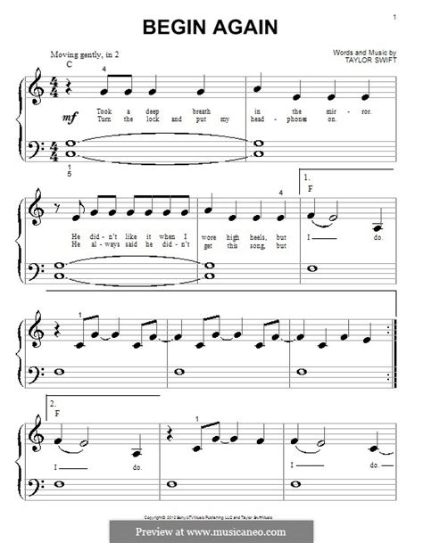 Begin Again by T. Swift - sheet music on MusicaNeo