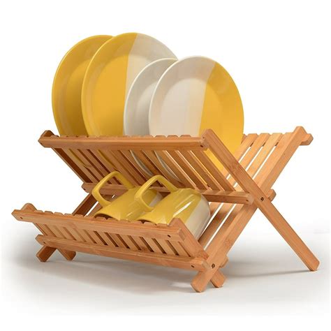 Bamboo Dish Rack Foldable Drying Collapsible Dish Drainer Wooden Plate Rack. - Walmart.com ...