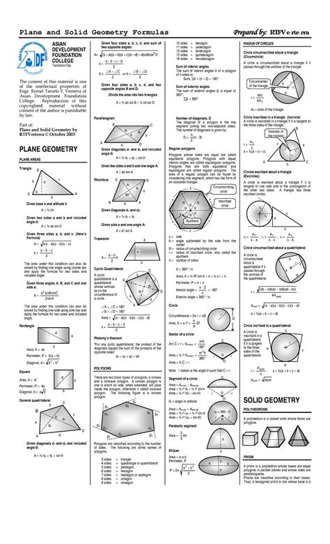 Solid geometry formulas - Romel Tarcelo F. Verterra of Asian Development Foundation College ...