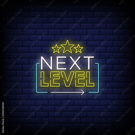 Next Level neon signs style text with starts design in blue bricks ...