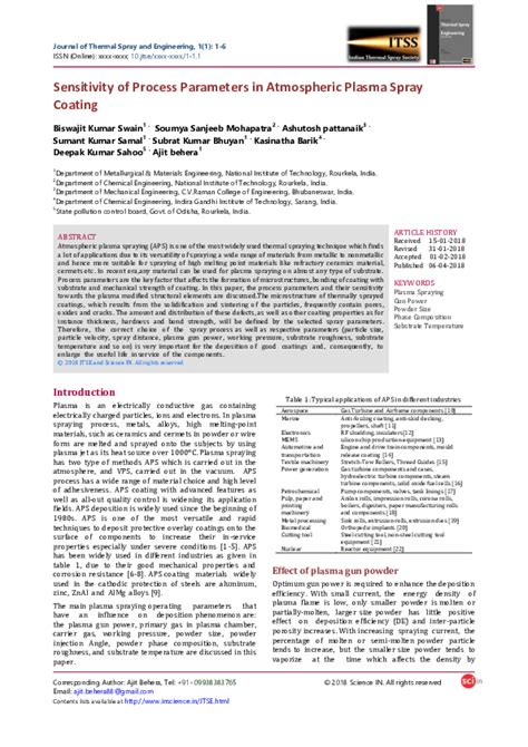 (PDF) Sensitivity of Process Parameters in Atmospheric Plasma Spray Coating KEYWORDS Plasma ...