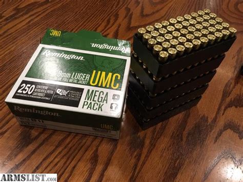 ARMSLIST - For Sale: Remington UMC 9mm Luger Ammo 115 Grain FMJ Mega Pack 250 Rounds - .18/rnd