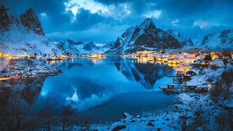 snowy mountain, dawn, rocks, landscape, winter, river, Lofoten Islands ...