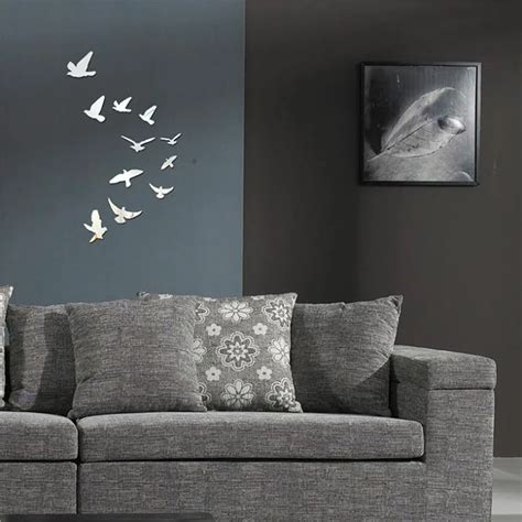 11 PCS 3D Acrylic Silver Flying Birds Mirror DIY Wall Sticker Silver Removable Wall Decal Home ...