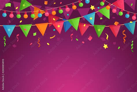 Cartoon decoration party. Celebrate birthday flags with confetti ...