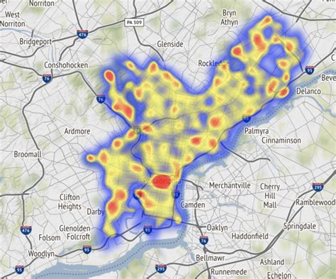 This figure shows a heatmap of crime frequency over all of Philadelphia ...