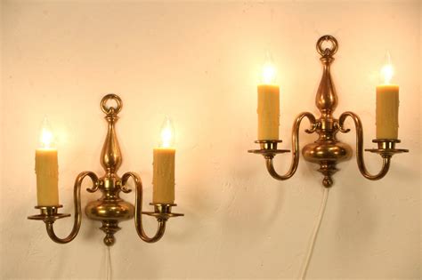 SOLD - Pair of 1910 Antique Brass Wall Sconce Lights, Beeswax Candles - Harp Gallery Antiques ...
