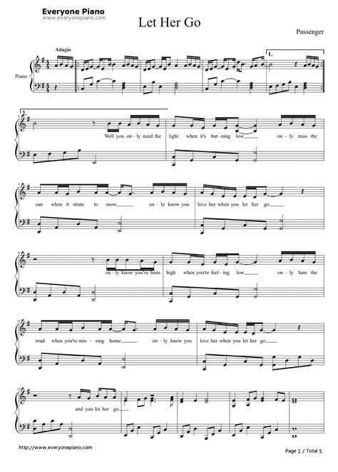 Let Her Go Piano Sheet Music Free Printable - Free Printable A To Z