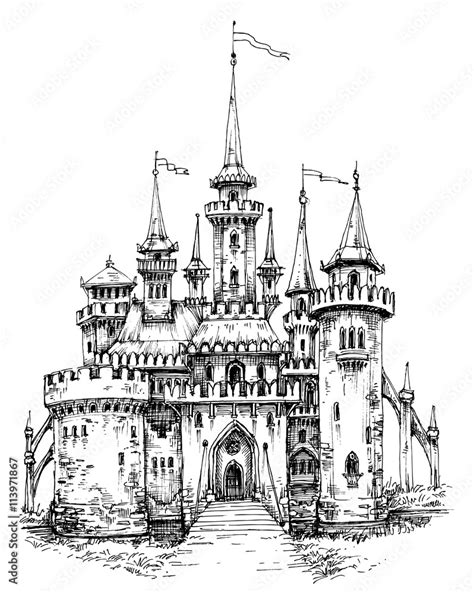 Vector castle front view. Pencil hand drawing, ready to color Stock Vector | Adobe Stock