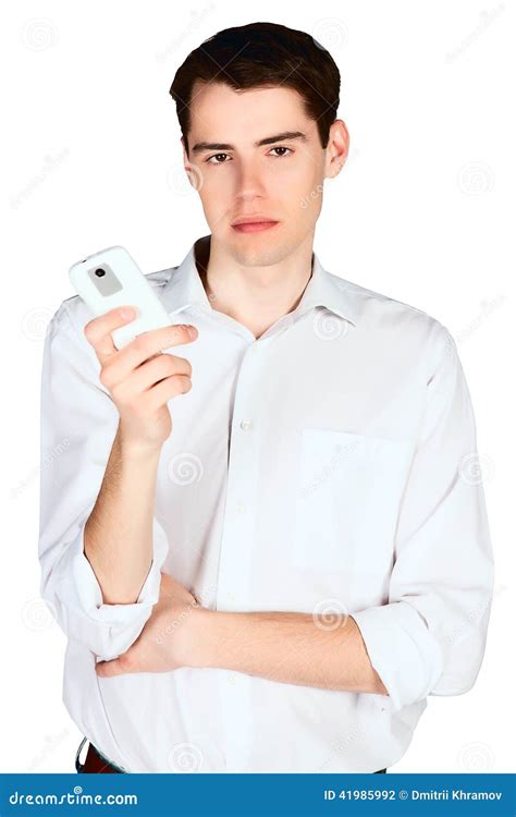 Man Holding Smart Phone Over White Background Stock Image | CartoonDealer.com #39621223