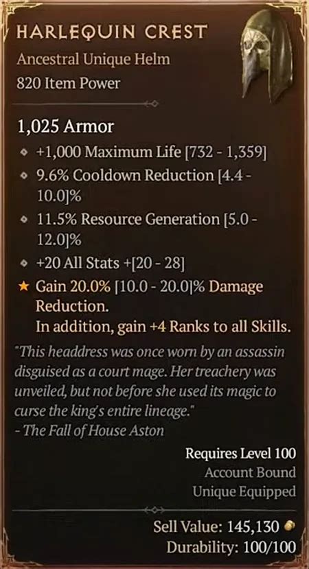 Diablo 4 Shako (Harlequin Crest) stats · Unique Shako · Mythic Drop