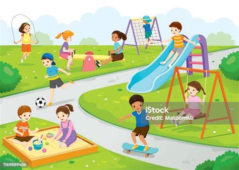 Happy Children Playing Joyfully On The Playground Stock Illustration - Download Image Now ...