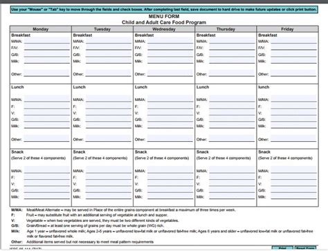 Printable Cacfp Menu Template - Printable Word Searches