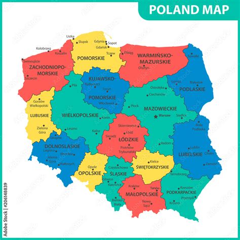 The detailed map of Poland with regions or states and cities, capitals. Administrative division ...