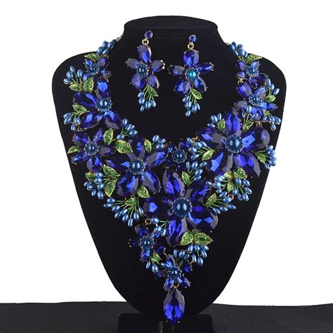 Royal Blue Statement Jewelry sets Women Rhinestone crystal Big Party ...