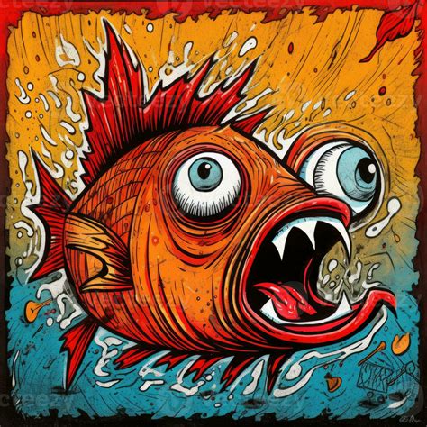 crazy fish angry furious mad portrait expressive illustration artwork oil painted sketch tattoo ...