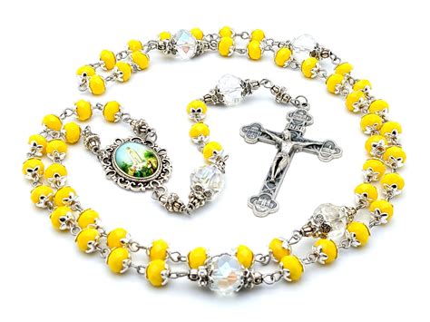 Our Lady of Fatima yellow faceted glass beads with crystal Our Father ...