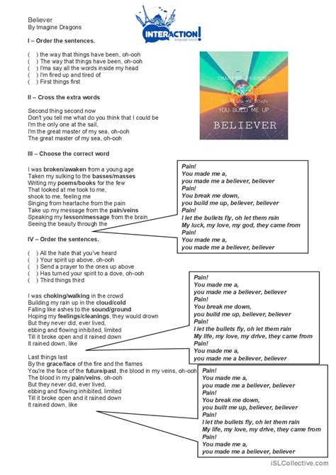 Believer by Imagine Dragons nursery…: Français FLE fiches pedagogiques pdf & doc