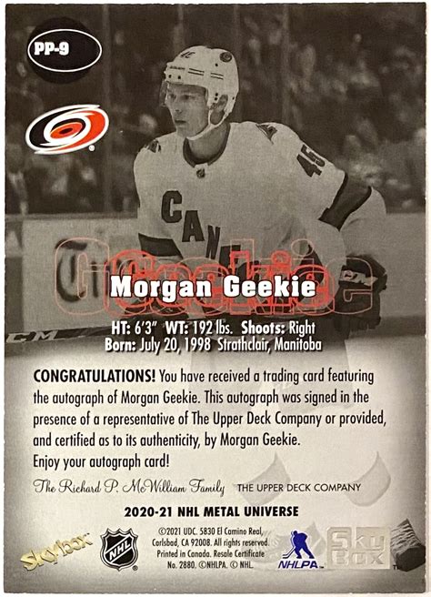 Morgan Geekie Autographed 2020-21 Skybox Premium Carolina Hurricanes NHL Metal Universe Rookie ...