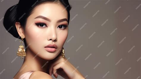 Premium AI Image | Asian beauty smokey eyes style makeup accurately with Gold Luxury earrings on ...