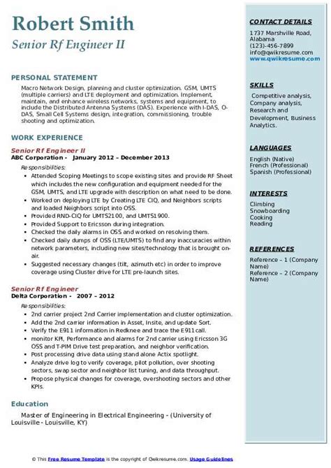 Senior Rf Engineer Resume Samples | QwikResume