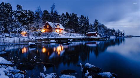 Lakeside winter cabin wallpaper - World wallpapers - #25436