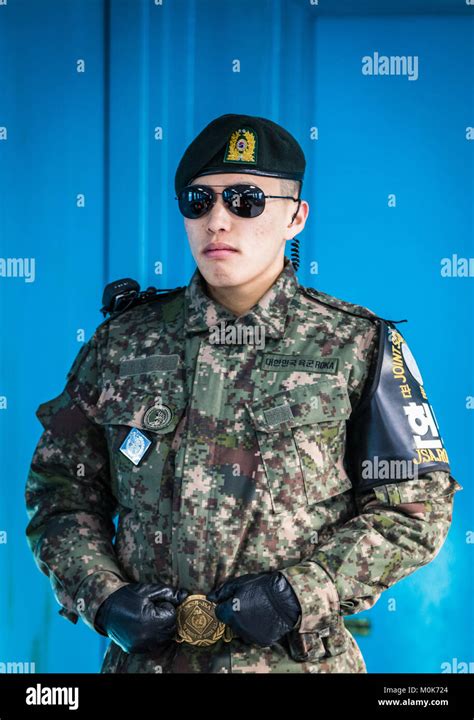 South Korean soldiers standing guard, facing North Korea at the DMZ ...