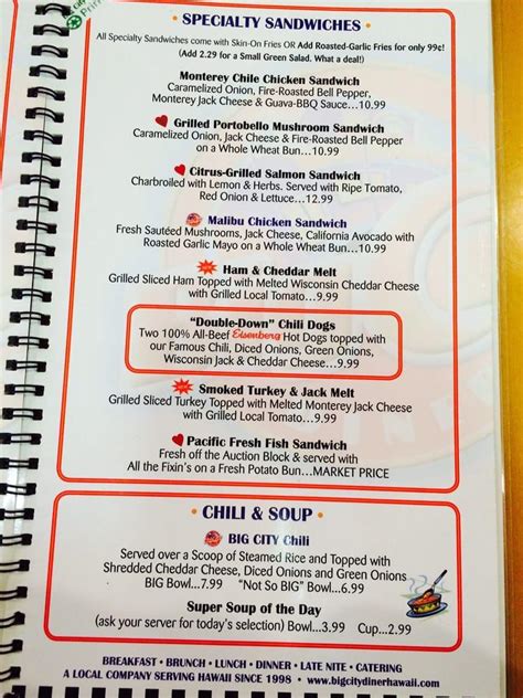 Menu at Big City Diner restaurant, Waipahu, 94-800 Ukeʻe Street #305