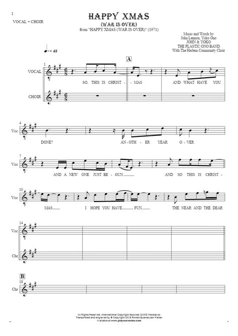 Happy Xmas (War Is Over) - Notes and lyrics for vocal | PlayYourNotes