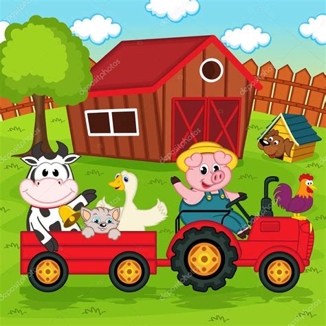 Farm animals ride on the tractor in the yard Stock Vector Image by ...