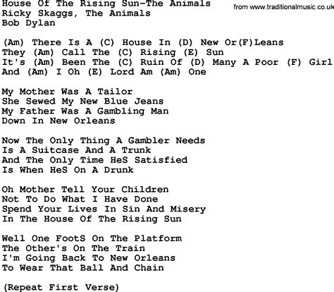 Country Music:House Of The Rising Sun-The Animals Lyrics and Chords