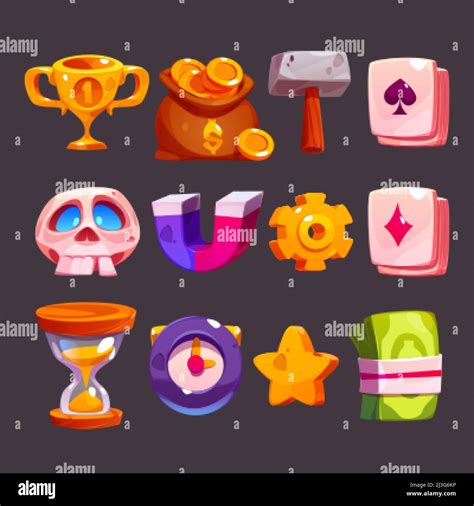 Cartoon game icons for casino or rpg user interface. Gold trophy cup, money sack, hammer ...