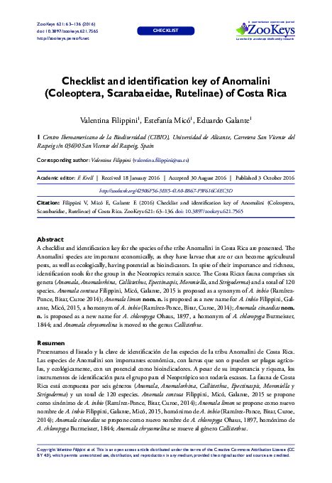 (PDF) Checklist and identification key of Anomalini (Coleoptera, Scarabaeidae, Rutelinae) of ...