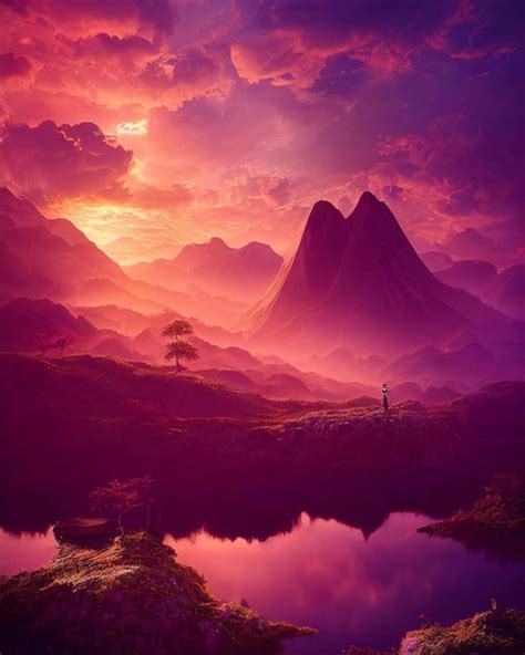 Premium Photo | A painting of a mountain landscape with a purple sky ...