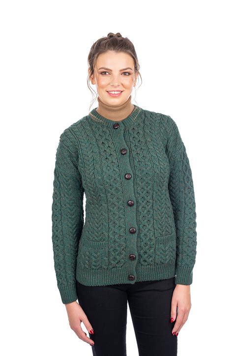 SAOL - SAOL Irish Cardigan Sweater for Ladies 100% Merino Wool Aran Cable Knit Coat with Pockets ...