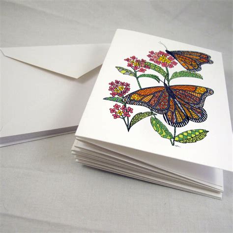 Monarch Butterfly Stationery Set Set of 8 Blank Inside Note Card Set Butterflies on Lantana ...