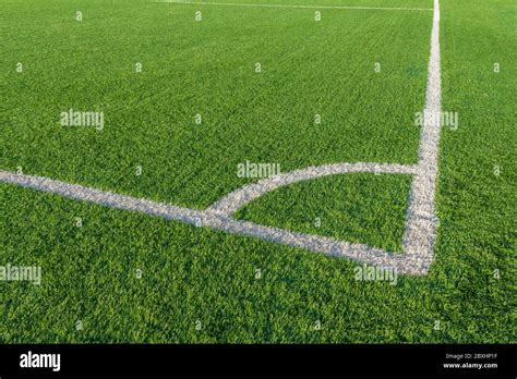 Green grass and white border lines on football ground. Soccer field on ...