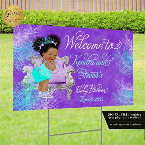 Afro Princess Yard Sign Printable in Violet Purple Aqua Blue Lilac Watercolor Feathers by Gvites ...