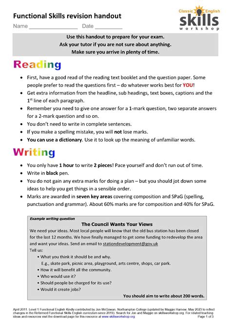 L1 Functional English Revision handout - major upgrade | Skillsworkshop