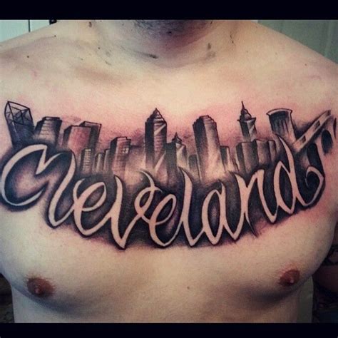 This black and white chest tattoo of the Cleveland skyline is almost menacing. What’s even more ...