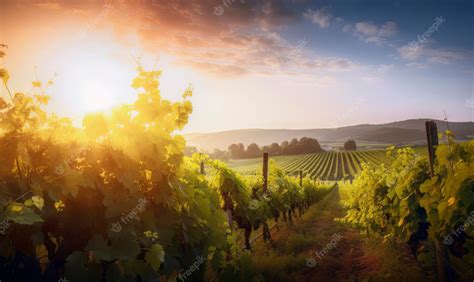 Premium Photo | A vineyard with a sunset in the background