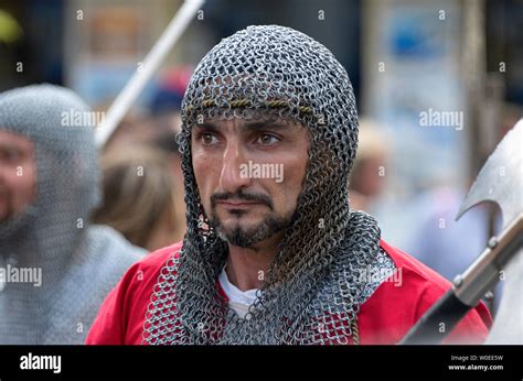 Old town, Rhodes, Greece - June 01, 2019: Annual Medieval Rose Festival. Christian knight ...